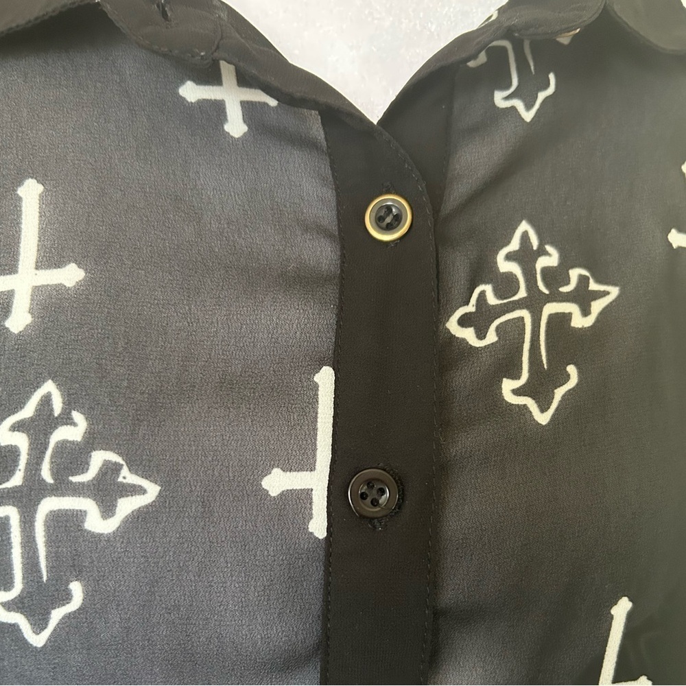 Marisol edgy Goth rock, sheer blouse cross design, black white top women’s large - Picture 2 of 14